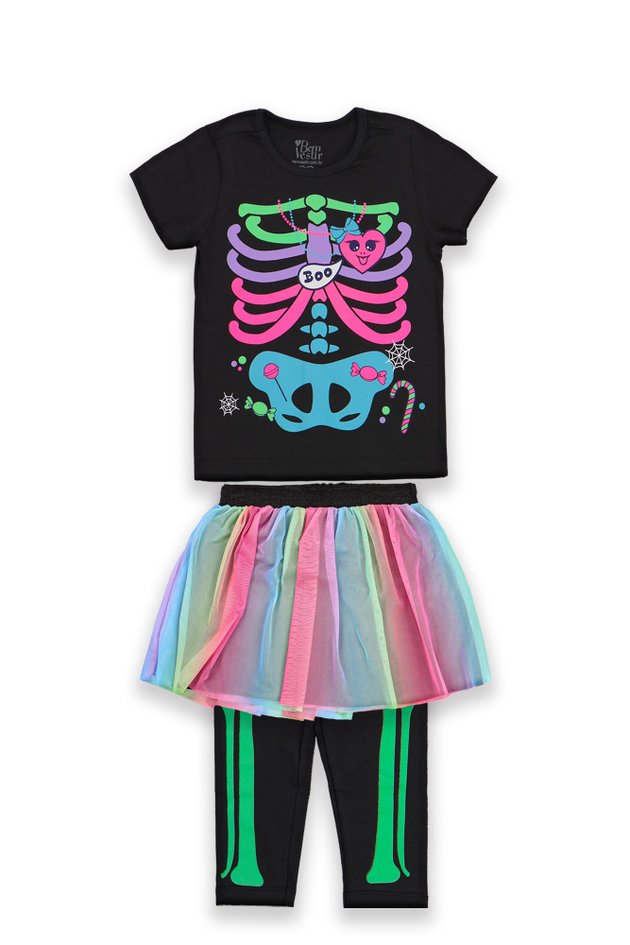 Conjunto Fantasia Infantil Menina Esqueleto Colorido Legging e Saia