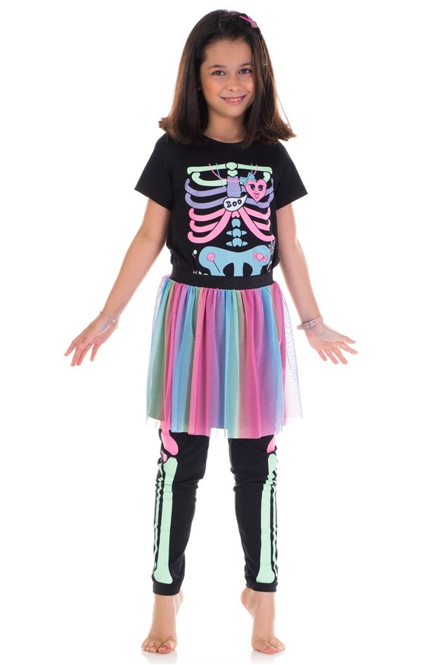 Conjunto Fantasia Infantil Menina Esqueleto Colorido Legging e Saia